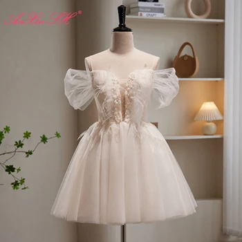 AnXin SH princess белое цветочное кружево с вырезом лодочкой, бисероплетение, хрустальные оборки, короткое бальное платье из перьев, вечернее платье, маленькое белое платье
