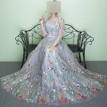 GUXQD Женские вечерние платья с цветочным рисунком трапециевидной формы с иллюзионными рукавами, вечерние платья для выпускного вечера, Элегантное Вечернее платье для вечеринки
