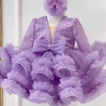 Фиолетовое платье с цветочным узором для девочек, милый блестящий топ, пышные бусы с пайетками и бантом, подходящие для свадебной вечеринки, платья для Первого Святого Причастия