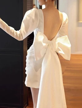 Сексуальные Маленькие Белые Короткие Свадебные платья с длинным рукавом, открытой спиной, V-образным вырезом, Атласные платья невесты с бантом, Vestido De Noiva