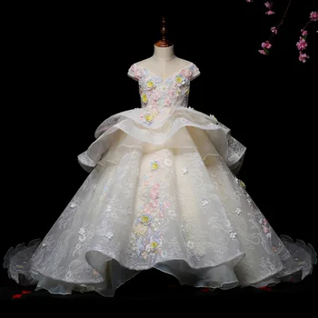 Пышное тюлевое платье принцессы для девочек на день рождения, роскошное бальное платье с аппликацией и вышивкой в виде цветов, детские вечерние платья