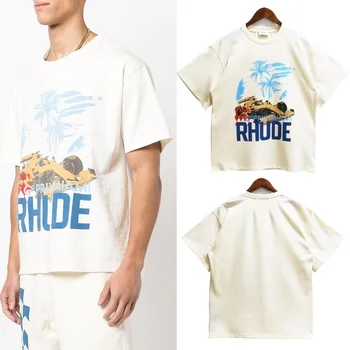 Высококачественная кокосовая гоночная футболка с буквенным принтом Rhude Мужчины Женщины Размер ЕС Harajuku Хлопок Rhude Футболки Модная Одежда для пары
