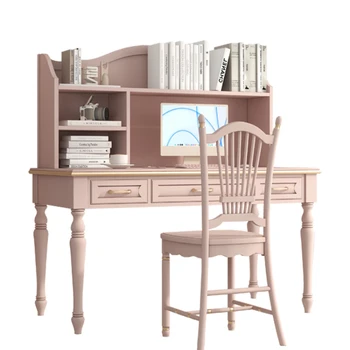 * Комбинация компьютерного стола и стула, Розовый письменный стол с книжной полкой, Офисный стол, комбинация мебели для кабинета