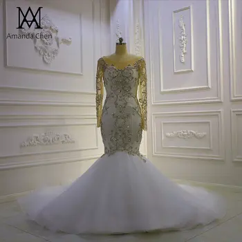 Свадебное платье русалка с кристаллами robe longue femme с длинным рукавом