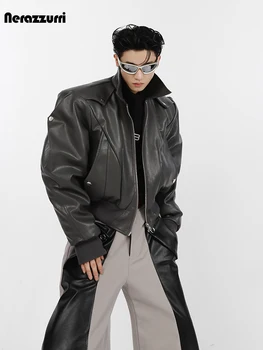 Нерадзурри, Весна-осень, крутая короткая негабаритная черная куртка-бомбер из мягкой искусственной кожи, мужские наплечники, роскошная дизайнерская одежда 2023 года.