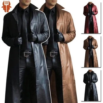 Мужская роскошная мода Средневековый Стимпанк, готика, Длинные Кожаные куртки, Винтажная зимняя верхняя одежда, тренч из искусственной кожи.