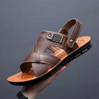 Мужская повседневная обувь из натуральной кожи Летние Новые мужские сандалии большого размера Мужские сандалии Модные сандалии Тапочки Мужские пляжные кроссовки