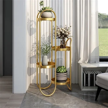 Золотистый металлический светильник, роскошная полка для цветов от пола до потолка в гостиной, подставка для домашних растений, крытый балкон, многослойные полки для растений