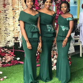 Изумрудно-зеленые атласные платья подружек невесты для подружек невесты Платье с открытыми плечами Свадебные платья для гостей аппликации Элегантные платья Халат