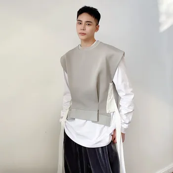 Мужской жилет без рукавов в японском стиле, пуловер, модный короткий дизайн повязки серого цвета