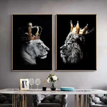 Художественная картина Черный Король Лев и королева Львица Картина Животные Отпечатки на холсте Украшение дома Плакат для гостиной без рамки