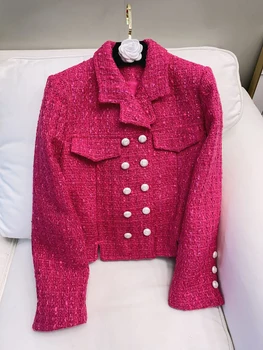 2023 Новое весеннее женское винтажное элегантное шикарное однотонное пальто, двубортный пиджак с брошью, офисный женский жакет высокого качества