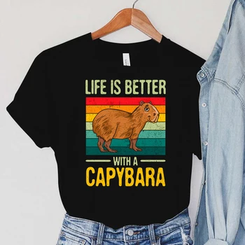 Женские футболки Capybara, женская одежда с мультяшными животными, винтажные топы в радужную полоску, женская повседневная мода, женские футболки Capybara