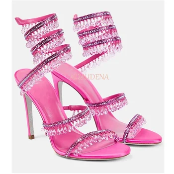 Женская Розовая люстра, Хрустальные босоножки на шпильке, Летнее Новое свадебное платье, Роскошные дизайнерские туфли на высоком каблуке, большие размеры 46