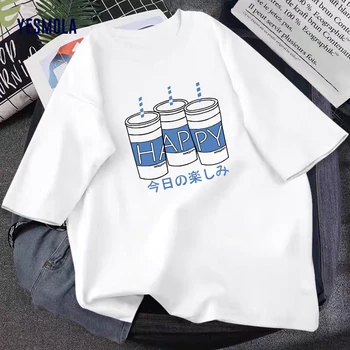 Женская футболка YESMOLA, Дизайн Happy Drink, Простая Корейская рубашка в стиле Харадзюку С Круглым вырезом, Футболка с коротким рукавом и принтом, Качественная Унисекс
