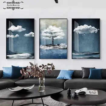 Абстрактный плакат с Синим океаном и облачным деревом, минималистичный пейзаж, холст, картины на стену в скандинавском стиле для домашнего интерьера